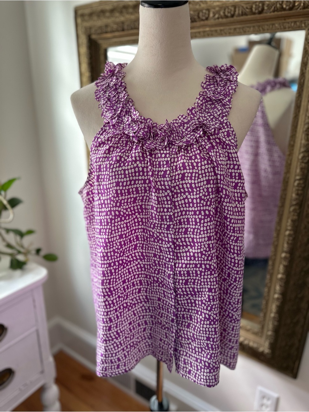 J Crew silk blouse ruffles polka dots quiet luxury XL purple office travel